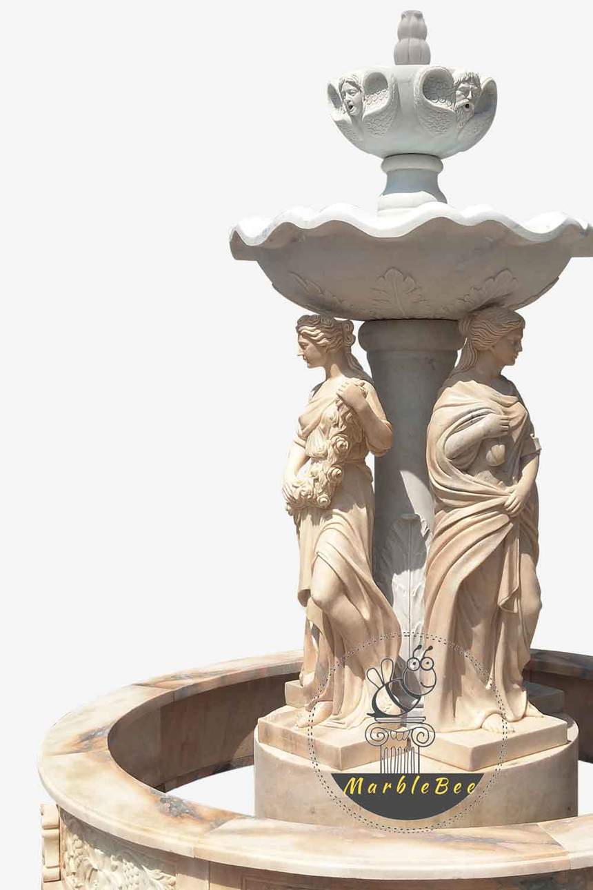 Two tier fountain with greek goddess statues